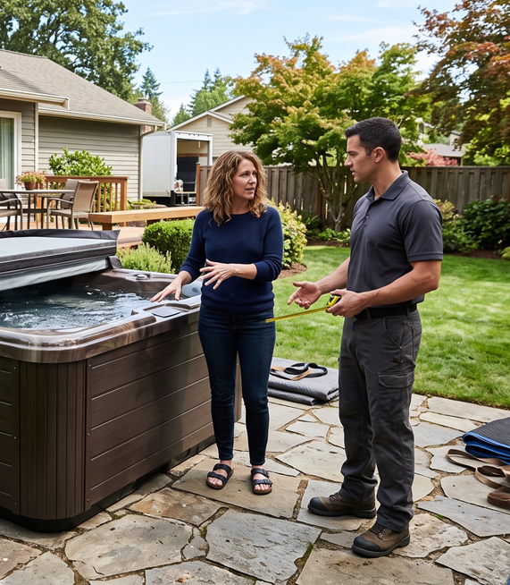 Crane service moving hot tub into elevated deck area