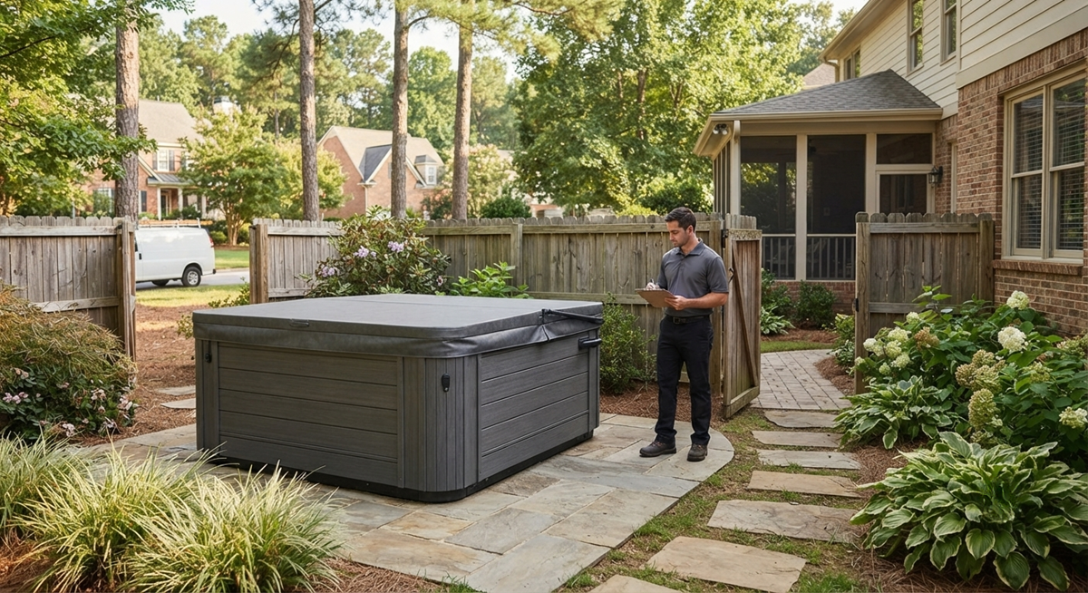 Hot tub relocation crew moving spa across backyard in Durham