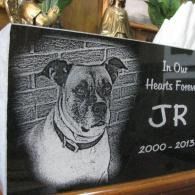 Black memorial plaque with a dog portrait and the text “JR 2000–2015”