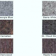Grid of small stone samples labeled Georgia Blue, Sierra White, Carnelian, St. Cloud Gray, Cherrywood, and Maple Rose.