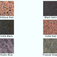 Color swatches labeled Antique Red, Black Satin, India Black, India Red, Mystic Blue, and Tropical Green