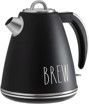 A black electric kettle with the word brew written on it.