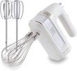 A white hand mixer with two whisks attached to it.