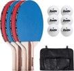 A set of ping pong paddles and balls with a bag.