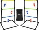A ladder toss game with balls and a scoreboard.