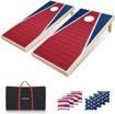 A red , white and blue cornhole board with a bag and flags.