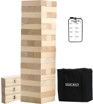 A wooden jenga stacking game with a black bag.