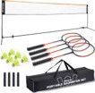 A badminton set with a net , rackets , balls and a bag.