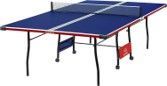 A blue and red ping pong table with a net on a white background.