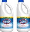 Two bottles of clorox bleach are sitting next to each other on a white background.