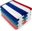 A stack of red , white and blue striped towels on a white background.