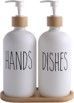 Two bottles of hands and dishes soap on a wooden tray.