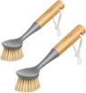 A pair of dish brushes with wooden handles on a white background.