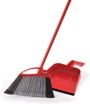 A red broom and dustpan set on a white background.