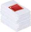 A stack of white towels with a red square on top.