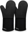A pair of black oven mitts on a white background.