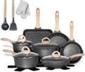 A set of pots and pans with wooden handles and utensils.