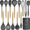 A set of silicone kitchen utensils with wooden handles.