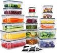 A bunch of plastic containers filled with fruits and vegetables.