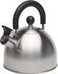 A stainless steel tea kettle with a black handle on a white background.