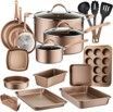 A set of copper cookware and utensils on a white background.