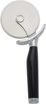 A pizza cutter with a black handle on a white background.