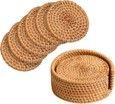 A set of wicker coasters with holders on a white background.