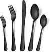 A set of black silverware , including knives , forks , spoons , and a spoon.