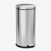 A stainless steel trash can with a lid on a white background.