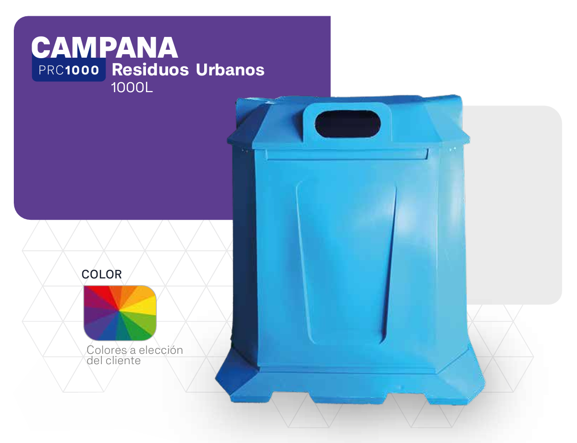 Contenedor de basura urbana de color azul con etiqueta de color morado que indica el nombre