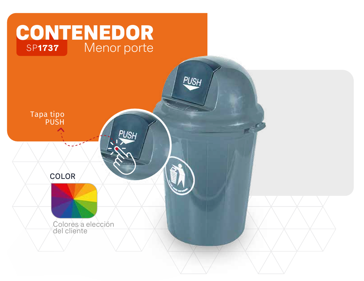 Contenedor de basura azul con tapa a presión. Incluye paleta de colores y función de pulsación con zoom.