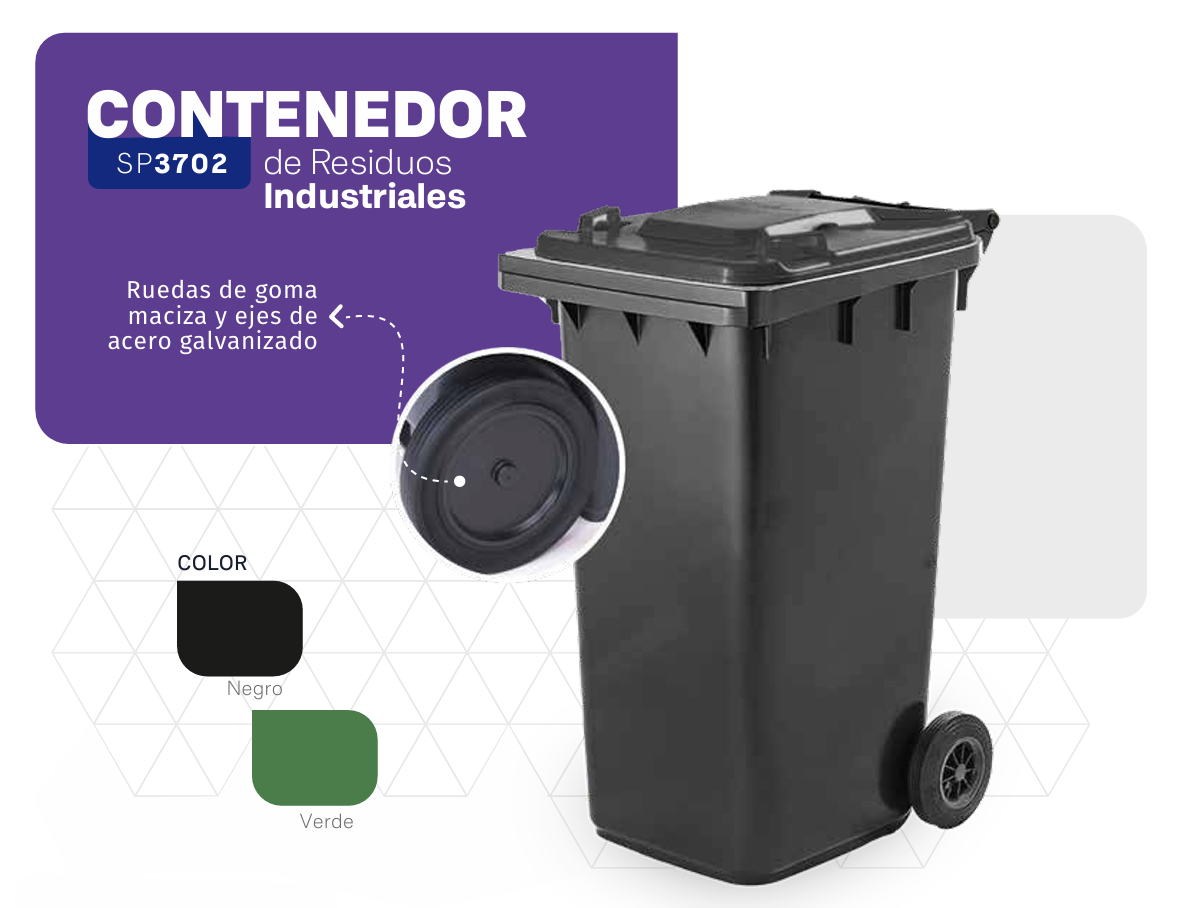 Contenedor de residuos industriales de color negro con ruedas de goma, disponible en color negro o verde.