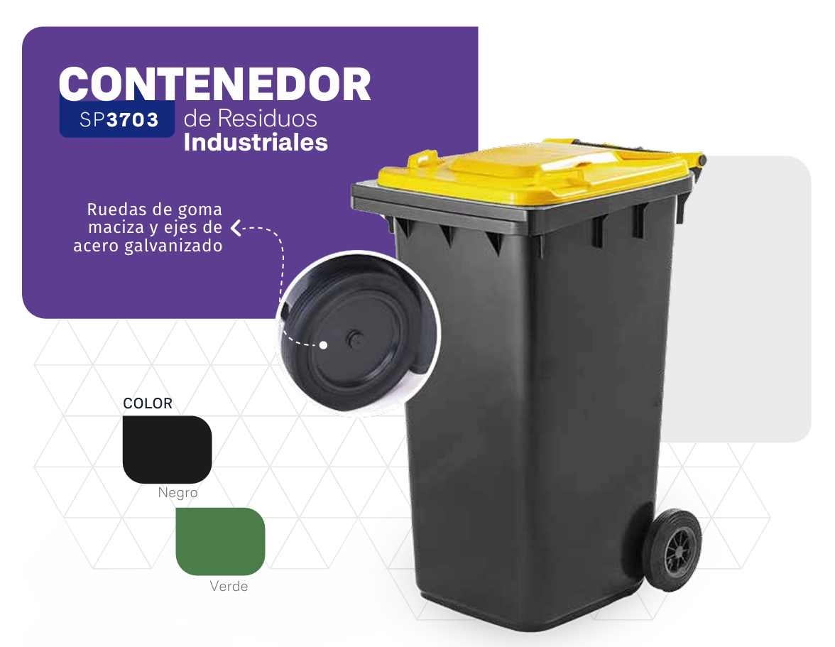 Contenedor para residuos industriales negro y amarillo con ruedas. Incluye muestras de color negro y verde.