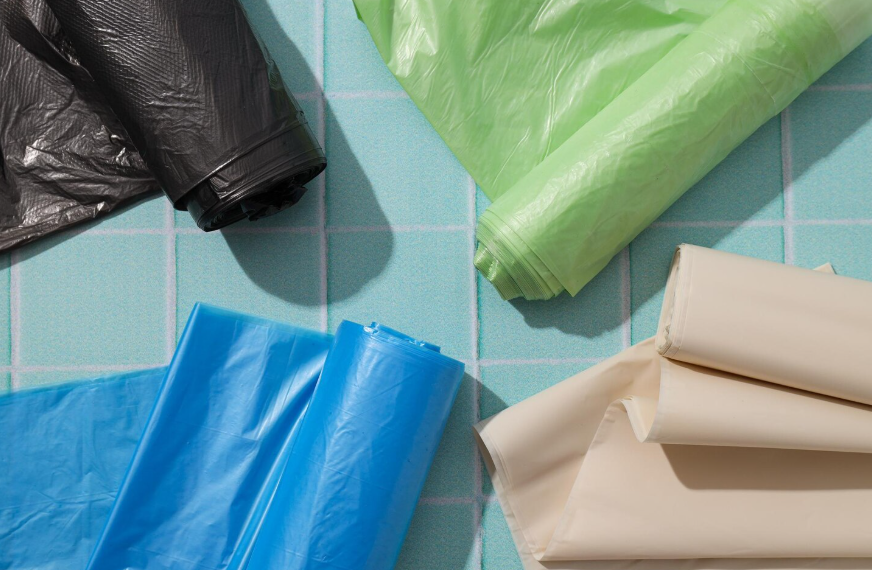 Cuatro rollos de bolsas de plástico de colores: negro, verde, azul y tostado, dispuestos sobre una superficie de baldosas.