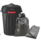 Bote de basura negro, tapa cerrada y bolsa de basura negra.