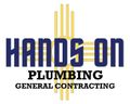 Logo for Hands On Plumbing, blue text over a gold New Mexico Zia symbol, with "PLUMBING" and "GENERAL CONTRACTING" below.