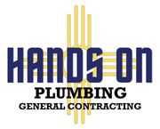 Logo for Hands On Plumbing, blue text over a gold New Mexico Zia symbol, with "PLUMBING" and "GENERAL CONTRACTING" below.