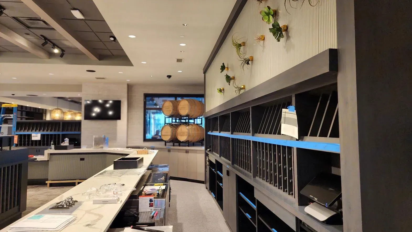 A large room with a long counter and shelves.