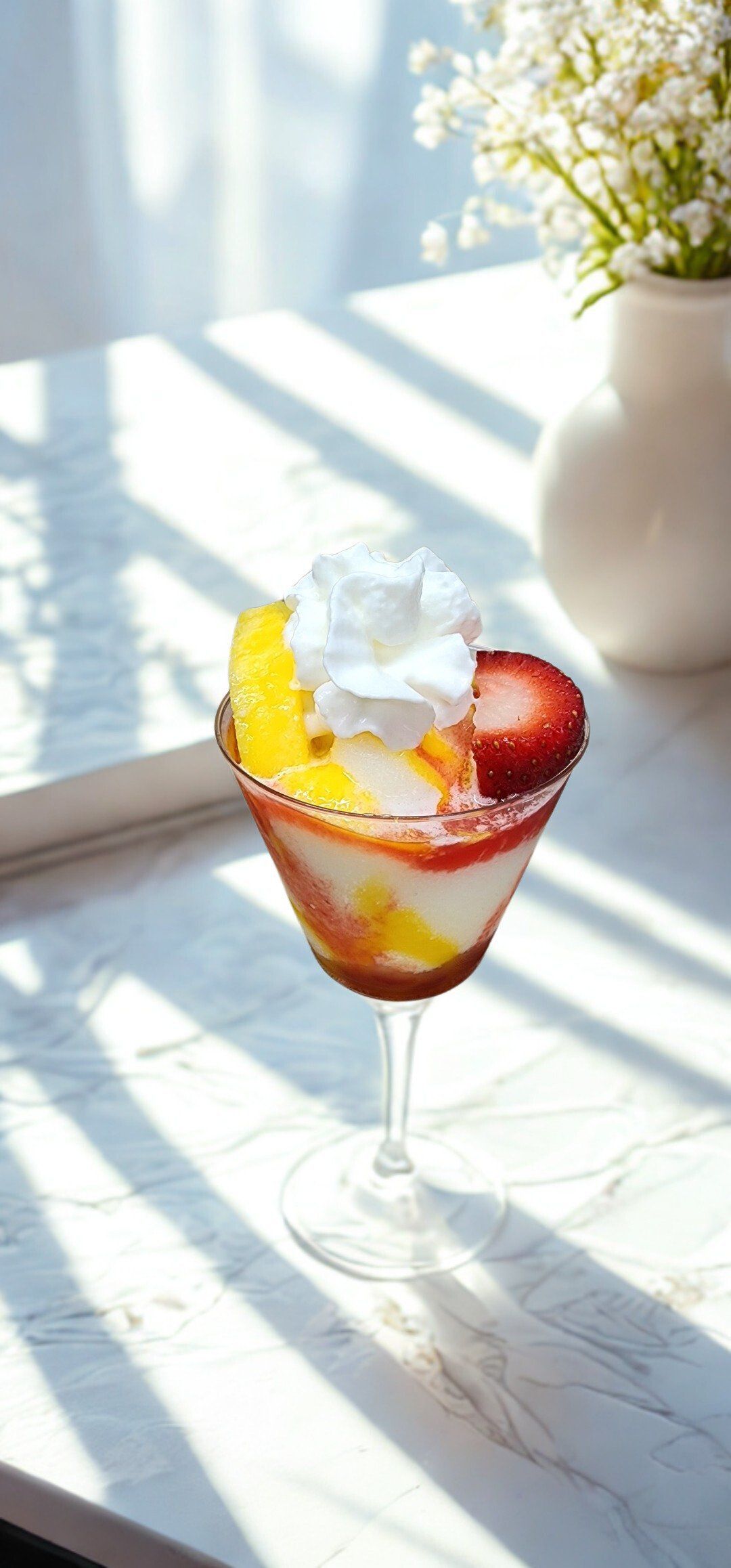 A colorful fruit dessert with whipped cream in a martini glass, sitting on a sunlit table next to a vase of white flowers.