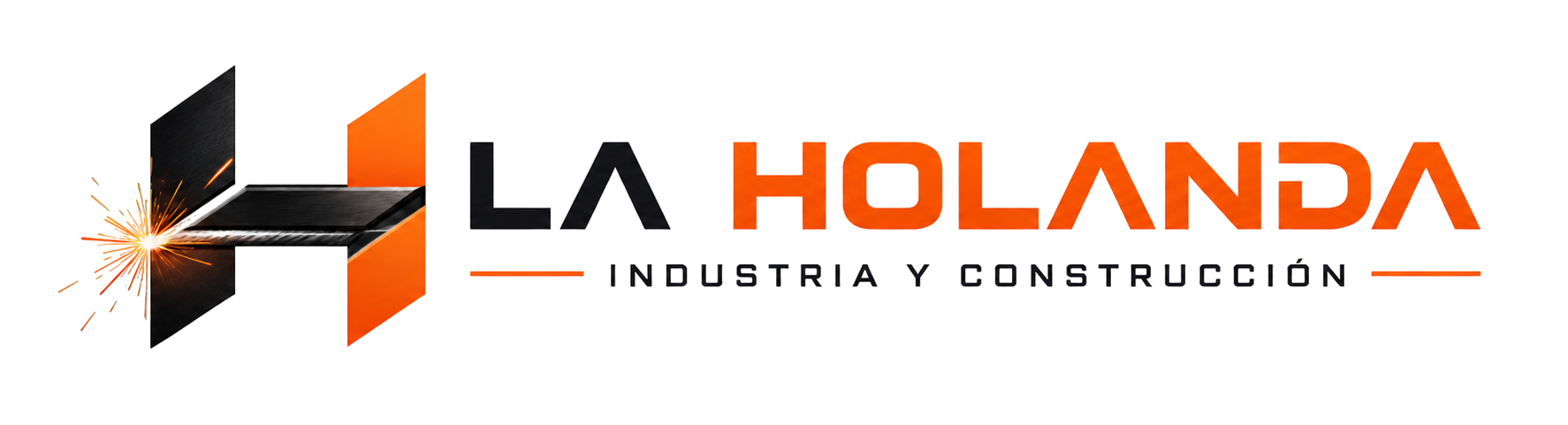Logotipo de La Holanda Industria y Construcción con marca geométrica negra y naranja y texto sobre fondo blanco