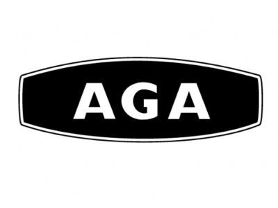 AGA logo: Black, elongated oval with white border, containing the white letters