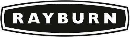 Logo for Rayburn in white letters within a black, pentagonal shape. It is outlined in white.