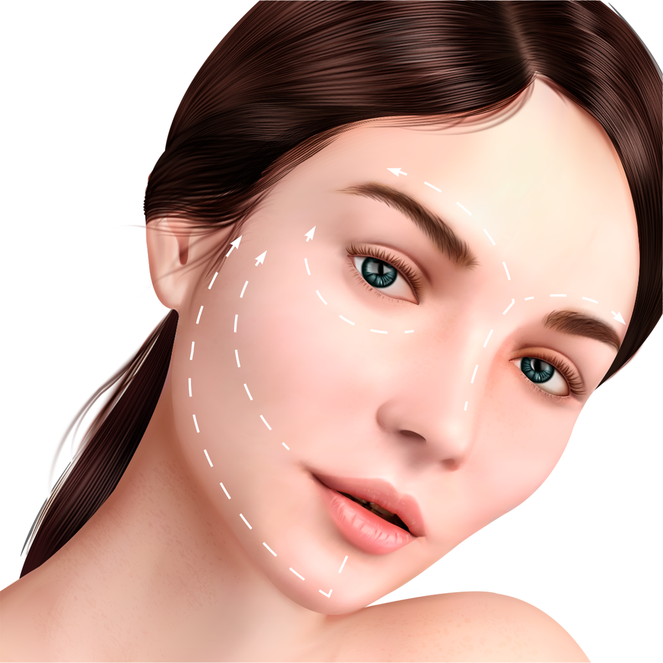 Woman's face with dotted arrows illustrating skin lifting techniques; white background.