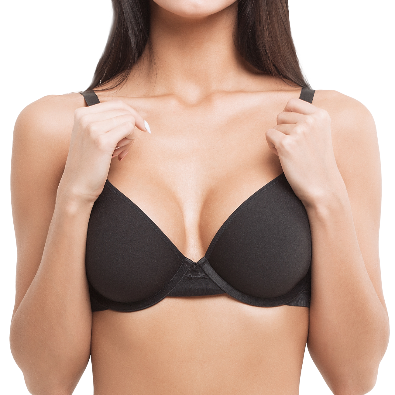 Woman wearing a black bra, holding up bra straps.