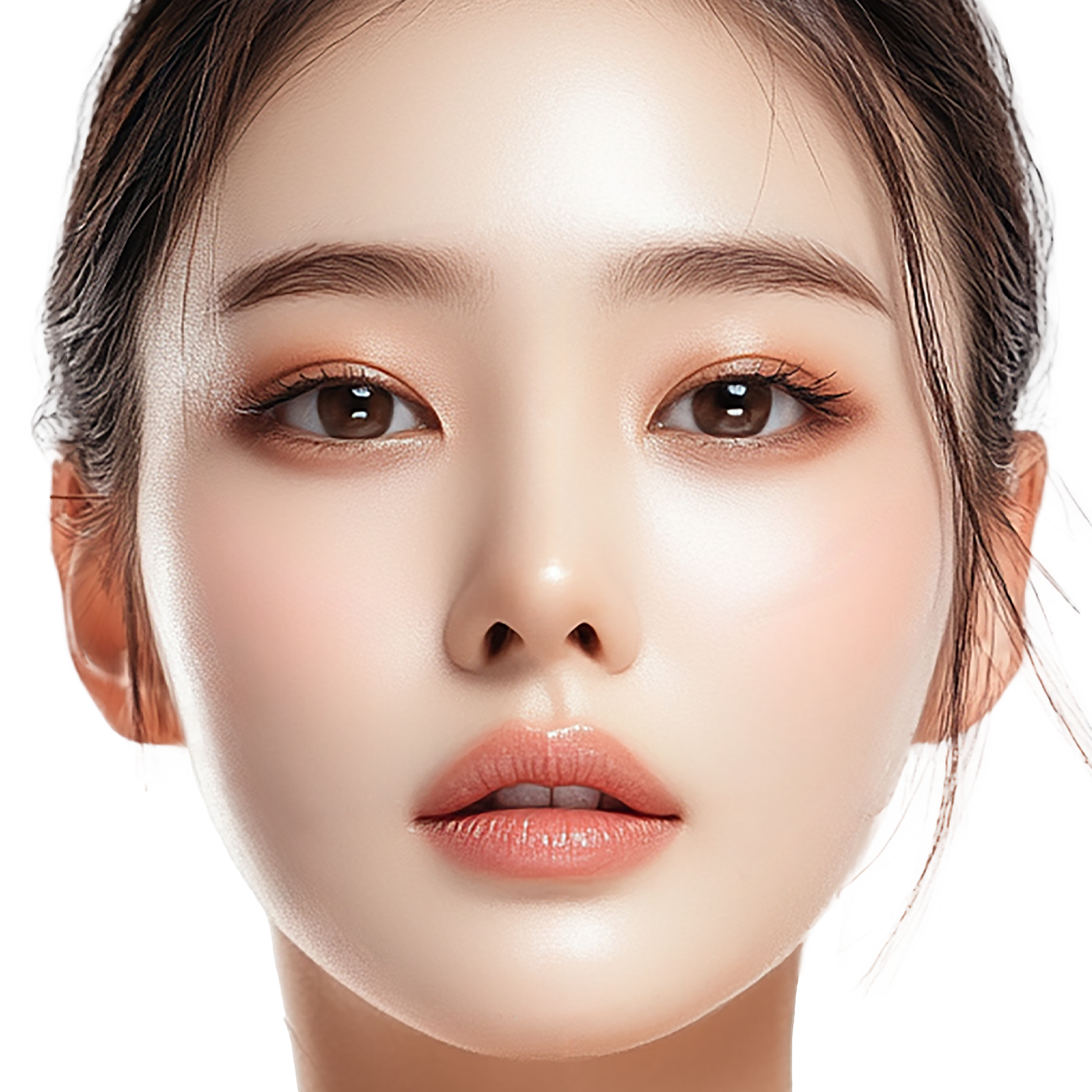 Woman with light skin, wearing makeup with brown eyeshadow and pink lipstick.