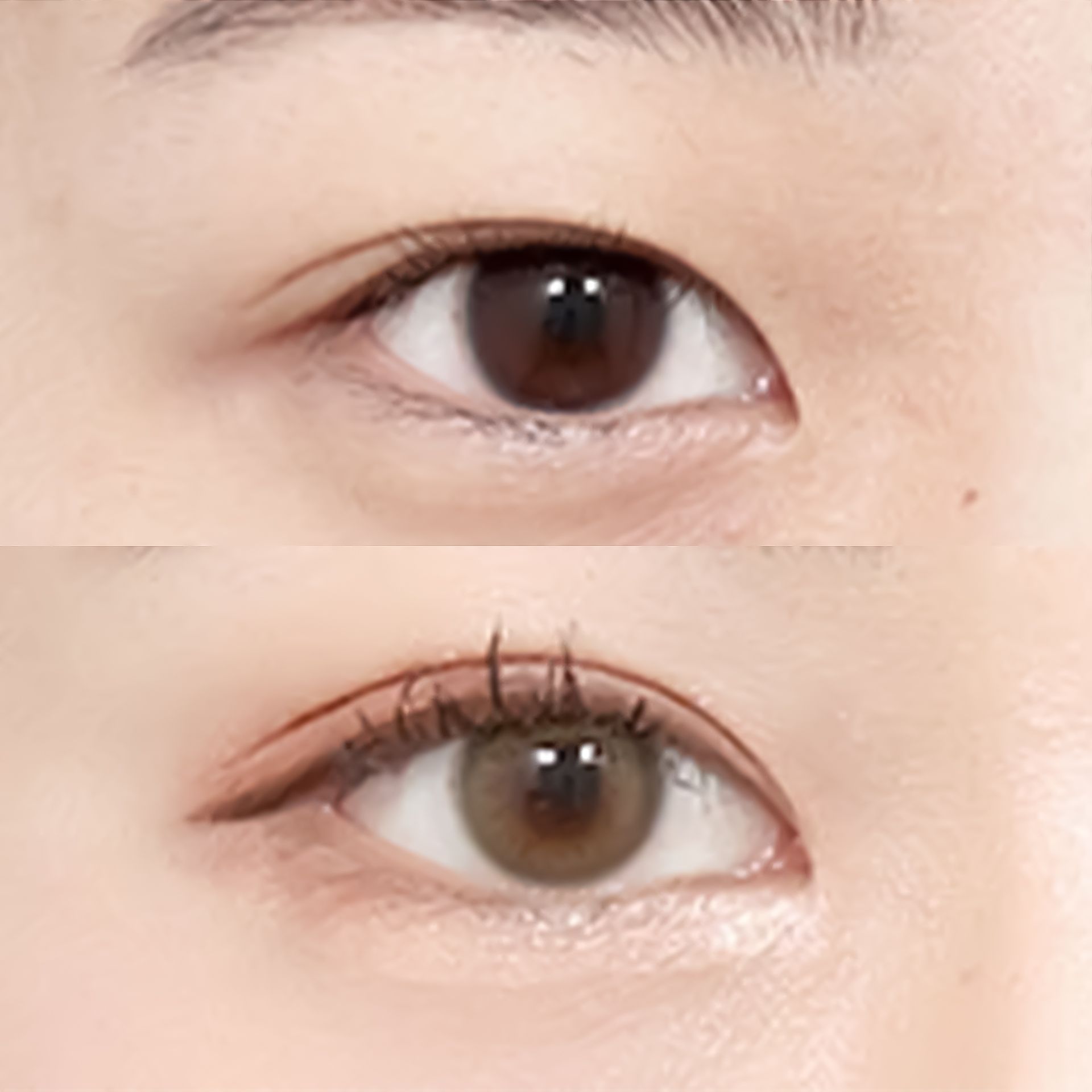 Two close-up photos of eyes. Top eye is brown, unadorned. Bottom eye has eyeliner and mascara, is a light brown color.