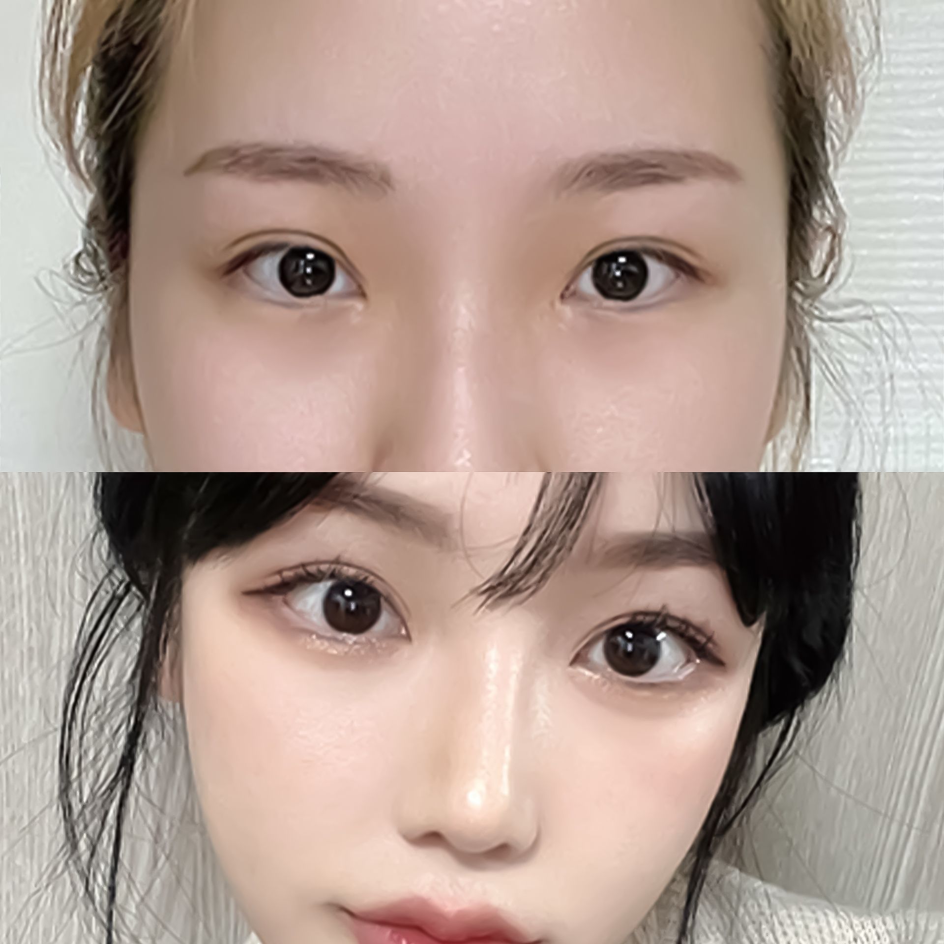Two close-up photos of eyes. Top shows eyes without makeup. Bottom shows eyes with makeup and fuller face.