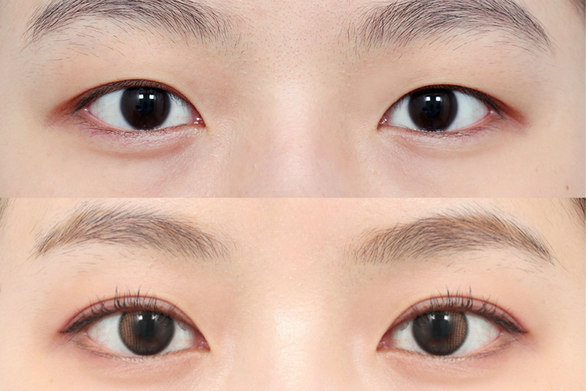 Comparison of two eyes; top shows eyes without eyelid creases, bottom shows eyes with creases and makeup.