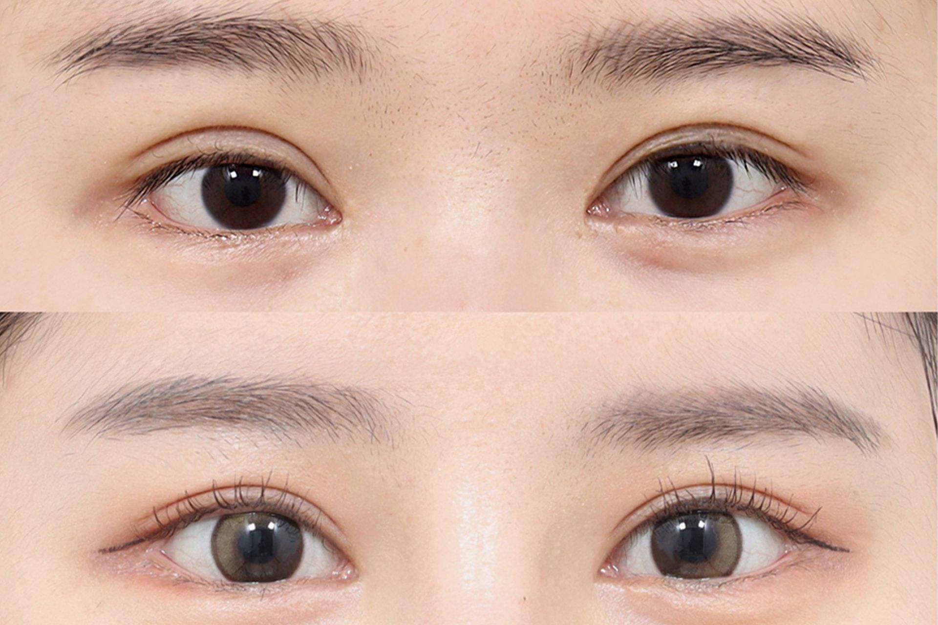 Comparison of two sets of eyes: upper set with single eyelids, lower set with double eyelids and makeup.