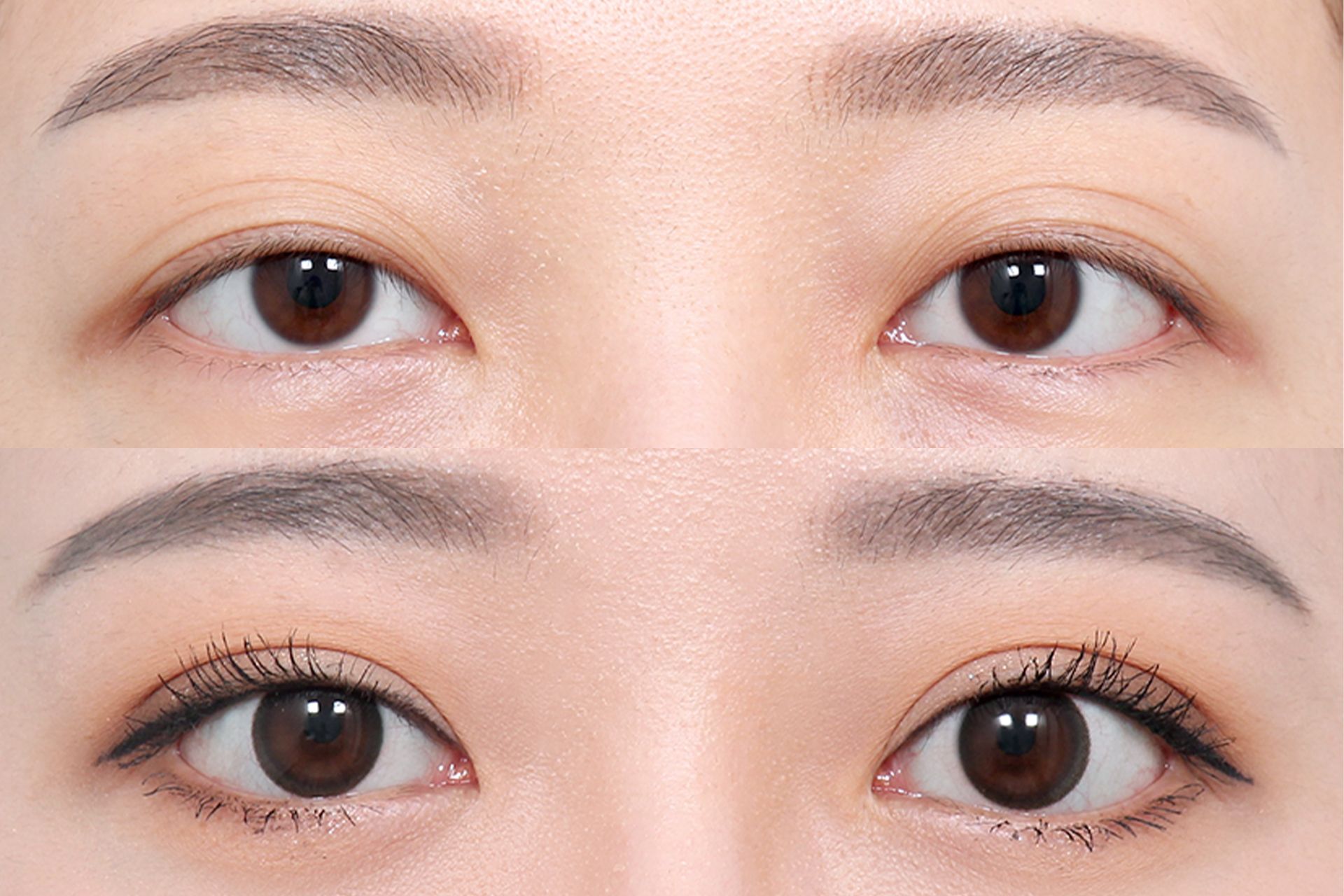 Two pairs of brown eyes. Top pair unadorned. Bottom pair with makeup: mascara and eyeliner.